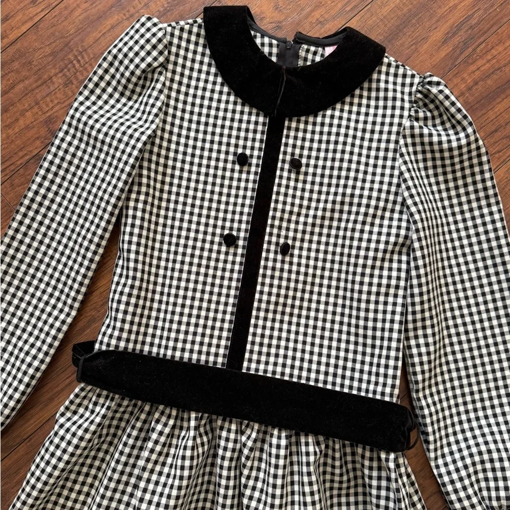 Rare Vintage Black White Gingham Checkered Dress 80s Peter Pan Velvet Collar 12